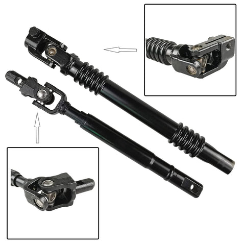 GaeaAuto steering shaft assembly, upper and lower, side view, black metal with universal joints and bellows boot.