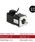 Front view of 42HS48-YC-PD NEMA17 stepper motor, black body with silver faceplate, 48mm length, 1.8° step.