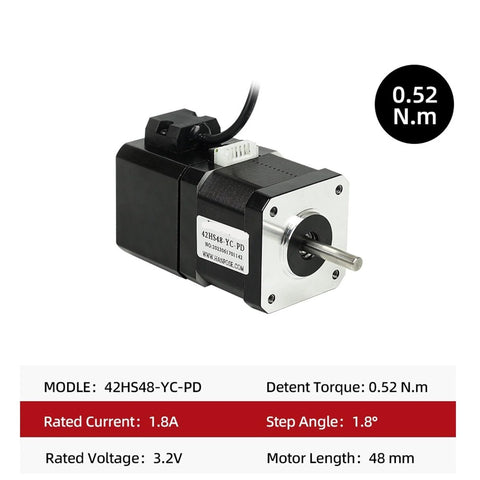 Front view of 42HS48-YC-PD NEMA17 stepper motor, black body with silver faceplate, 48mm length, 1.8° step.