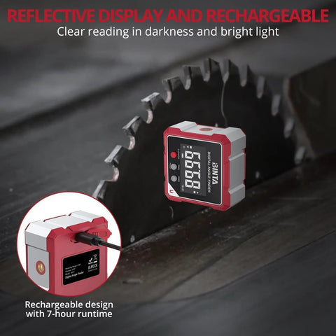 4-Side Magnetic Digital Angle Finder With Laser Helping Pros And DIYers Nail Tricky Angles With Blazing Speed featuring reflective display and USB charging.