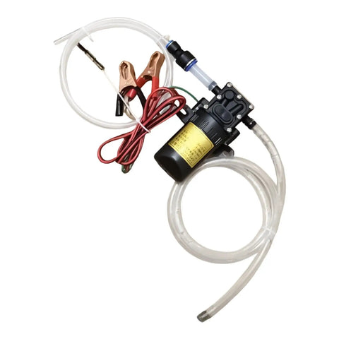 Must-Have 12V Self-Priming Oil Transfer Pump For Fast Fluid Extraction From Cars Trucks Boats And Lawn Mowers In Your Garage Or Shop During Any Weekend Project with clear tubing and battery clips.