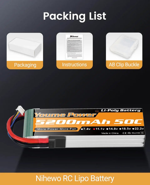 Packaging list including Extended-Run 3S LiPo Battery Pack 5200mAh 11.1V 50C Shorty With TR Plug Soft Case for RC vehicles