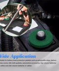 Hella Tough Positive Battery Terminal Connectors Featuring Heavy Duty Fiber Gasket Seals Universal Fit Red And Black Automotive Accessories Corrosion Guard Cover and green felt gasket on a battery.