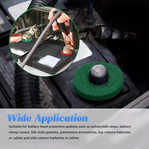 Hella Tough Positive Battery Terminal Connectors Featuring Heavy Duty Fiber Gasket Seals Universal Fit Red And Black Automotive Accessories Corrosion Guard Cover and green felt gasket on a battery.