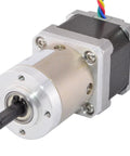 Stepper motor with 19:1 planetary gearbox, NEMA 14, silver front plate, black housing, multicolored wires