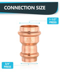 30 Pack Heavy Duty Copper Press Fit Coupling Reducer 1 1 2 Inch By 3 4 Inch Plumbing Connector Leak Proof Pressure Fitting showing size details.