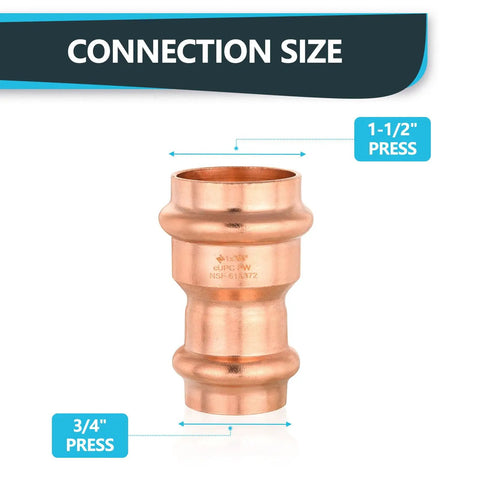 30 Pack Heavy Duty Copper Press Fit Coupling Reducer 1 1 2 Inch By 3 4 Inch Plumbing Connector Leak Proof Pressure Fitting showing size details.