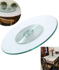 Tempered Glass Turntable With 360 Degree Spin Large Diameter Dining Tray For Kitchen Table, shown on dining table.