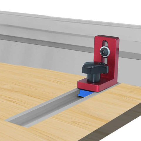 Miter Stop For T Slot Tracks And T Track Gauges Pro Grade Precision Woodworking Guide Block on workbench rail