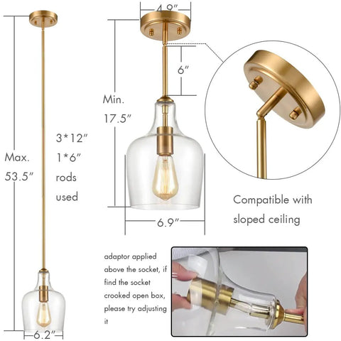 Sleek Modern Brass Glass Kitchen Pendant Light With Rod-Hung Design, Gold Finish One-Light Fixture, Hand-Blown Glass Shade
