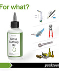 Glass Cutting Oil with precision applicator shown with tools like cutters and bottles for window glass and stained glass projects.