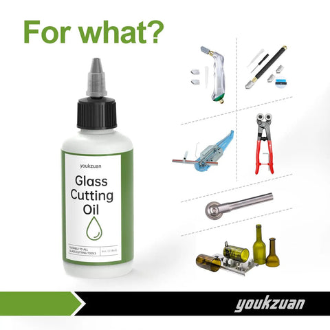 Glass Cutting Oil with precision applicator shown with tools like cutters and bottles for window glass and stained glass projects.