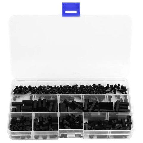 250 Piece Nylon PA66 M2 And M3 Hex Column Standoff Spacer Kit With Male And Female Hardware For DIY Electronics And Nerd Builds Includes Nuts And Screws Four Assorted Sets For Versatile Projects And Efficient Heat Dissipation. Black nylon standoff kit in organizer case