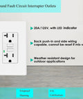 Front view of 20 Pack 20 Amp Gfci Outlet Set Weather Resistant Electrical Receptacle with LED indicator, ideal for bathrooms.