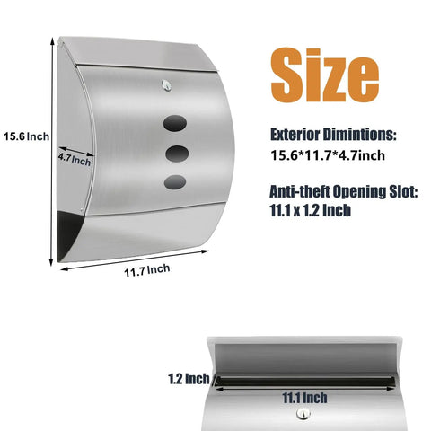 Stainless Steel Wall Mount Locking Mailbox With Key Lock, Large Capacity Outdoor Mailbox With Newspaper Holder, dimensions shown