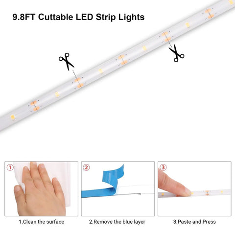 Battery Powered Led Strip Lights White With On Off Switch Self Adhesive Waterproof 9.8 Feet 90 LEDs Cuttable installation guide
