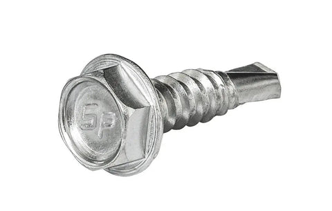 Close-up of Three Quarters Inch Hex Washer Head Self Drilling Tek Screw Zinc Plated Steel For Attaching Sheet Metal To Steel Or Metal To Metal.