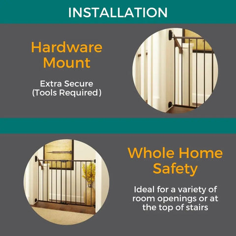 Bulletproof Hardware Mounted Walk Thru Pet Gate 31 Inches Tall shows installation details for extra secure hardware mount.