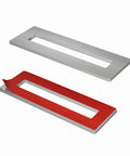 Sliding Aluminium Barn Door Handle With Self Adhesive Edge For Pocket Closet Doors Complete Kit Two Pack Silver Screwless Peel And Stick Installation No Drilling Required Easy Fit On Cabinets Windows Drawers And Furniture, showing silver rectangular handles with red adhesive backing