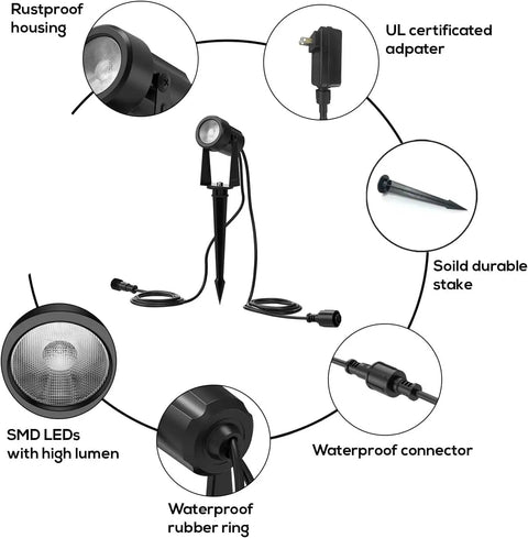 Low Voltage Outdoor Landscape Lighting 4 Pack IP65 Waterproof Path Lights For Yard Garden Lawn Plants, kit components diagram