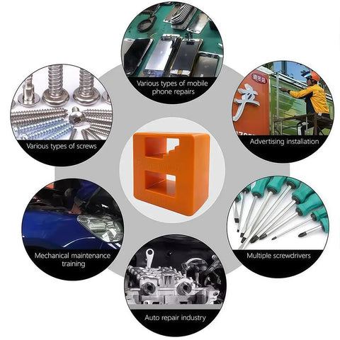 Dual Function Pro Grade Magnet Tool And Demagnetizer in bright orange with various application icons around it.