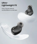 Slick Wireless Earbuds For Small Ears Bluetooth 5.3 Ultra Lightweight At 3.7 Grams Per Bud shown resting on a soft feather.