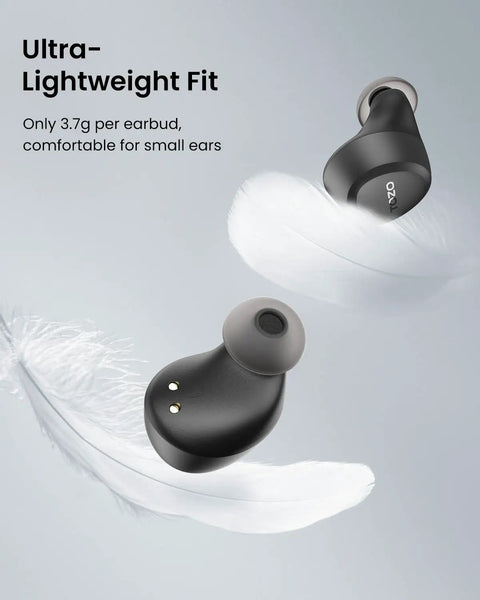 Slick Wireless Earbuds For Small Ears Bluetooth 5.3 Ultra Lightweight At 3.7 Grams Per Bud shown resting on a soft feather.