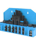 58 Pcs T Slot Clamp Kit with Hardened Press Plates for Lathe and Milling Machines M14 on a blue storage rack