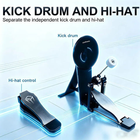 Eight Piece Electronic Drum Kit With Mesh Heads, Realistic Kick Pedal, showing kick drum and hi-hat controls