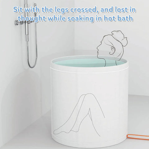 White portable adult ice bath tub for athletes in home shower stall with illustration of person soaking, Japanese style design.