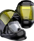 Auto Darkening Welding Helmet With 180 Degree Panoramic View And Side View Pro Grade Build True Color Lens Top Optical Class 1 1 1 1 Four Arc Sensors Shade Range 9 To 12 And 13 To 15 Flip Up Design Black showing a flip-up design and 180-degree view.