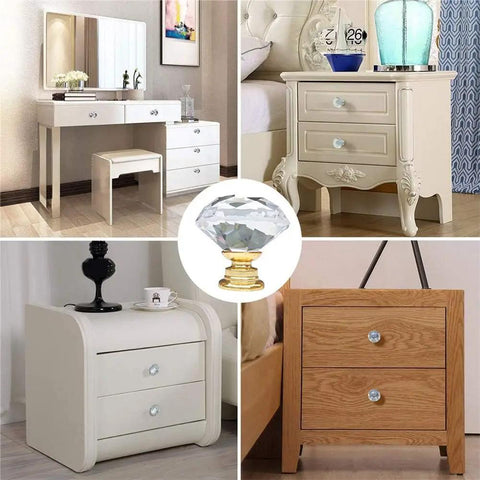 Diamond Cut Crystal Cabinet Knobs, 6 Pack 30mm Drawer Pulls, Gold Plated Base, Bougie Bling For Cupboard Handles And Dresser Hardware showcased on various furniture.