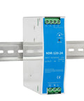 NDR120 24V DC DIN Rail Power Supply 120W 5A, 100 To 240 VAC Wide Input, rugged industrial design mounted on rail