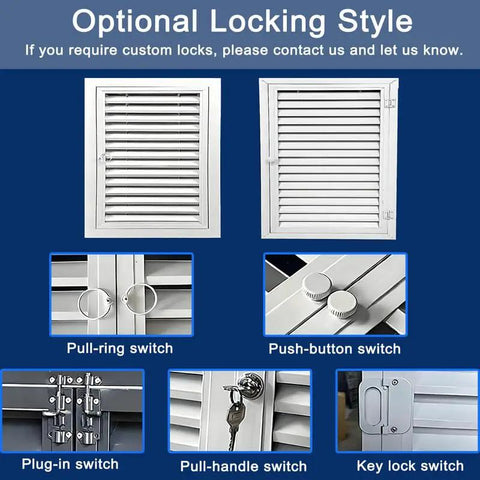 Optional locking styles for Super Large Aluminum Louvered Access Panel 47 By 45 Inches with various switch types.