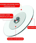 Thick Tempered Glass Lazy Susan Turntable For Parties And Weddings Straight Up Smooth 360 Degree Rotating Serving Tray With Silent Swivel Base Heavy Duty Kitchen Essentials showing thickened glass and aluminum alloy base.