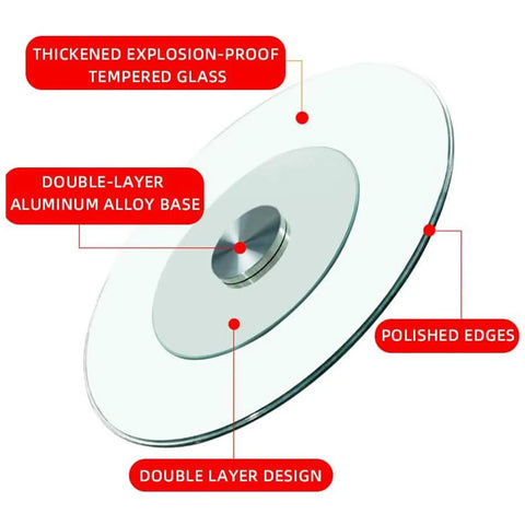 Thick Tempered Glass Lazy Susan Turntable For Parties And Weddings Straight Up Smooth 360 Degree Rotating Serving Tray With Silent Swivel Base Heavy Duty Kitchen Essentials showing thickened glass and aluminum alloy base.