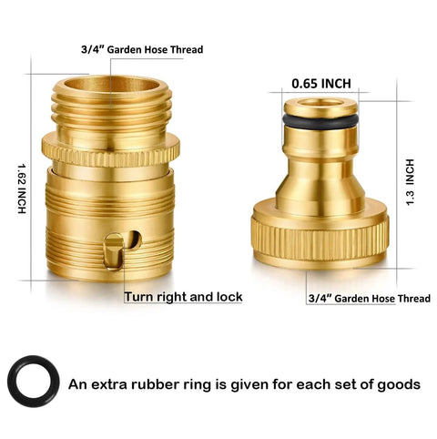 Brass garden hose quick-connect fittings, 3/4-inch GHT, two sets with male and female adapters.