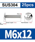 Diagram of Stainless Steel Truss Head Machine Screws M6 1.0 X 12/16/20mm Full Thread Set, 18-8 304 Stainless, 25 Pieces