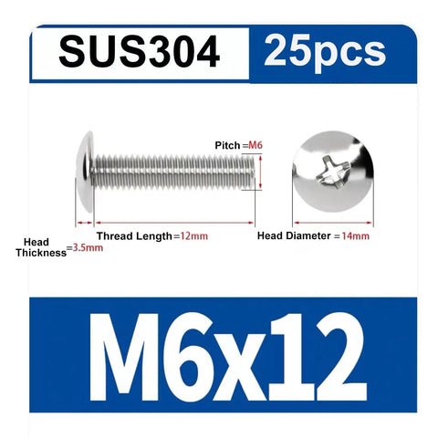 Diagram of Stainless Steel Truss Head Machine Screws M6 1.0 X 12/16/20mm Full Thread Set, 18-8 304 Stainless, 25 Pieces