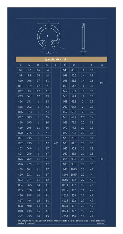 Heavy Duty Snap Retaining Ring M8 To M120 In 316 Stainless Steel C Type Internal Circlip for Holes size chart