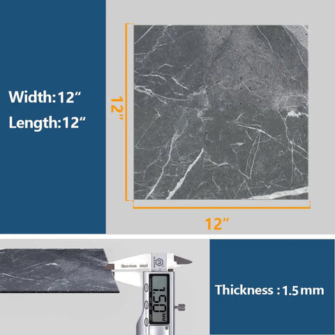Grey Marble Peel And Stick Vinyl Floor Tiles 24 Pack Waterproof 12x12 Self Adhesive Floor Tiles displaying texture and size measurements.