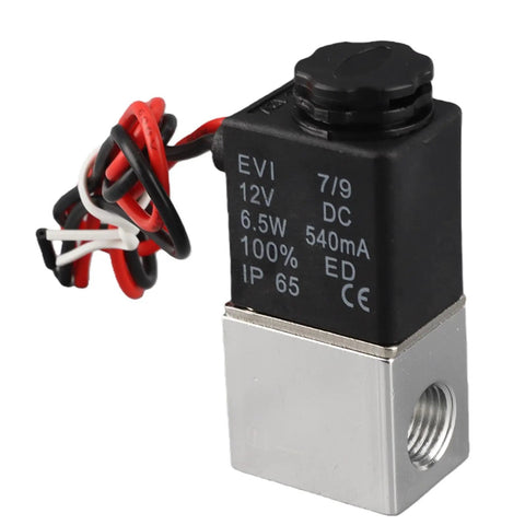 Close-up view of Lightning Fast 2-Way 2-Position DC 12V Solenoid Valve With Aluminum Alloy Body G1/4 Inch, showing wiring details.
