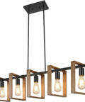53 Inch Farmhouse Kitchen Island Light Five Light Adjustable Dining Room Wood And Black Metal Chandelier Dope Rustic Hanging Fixture For Kitchen And Pool Table Lighting Bulbs Not Included, showing wood frames and black rods.