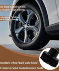 Heavy Duty Car Wheel Hub Cleaning Tool Kit With Eight Impact Resistant Heads And Universal Adapter For Hardcore Rust Scaling Brake Dust Polishing And Wheel Stud Resurfacing Rock Solid Build, close-up of polished wheel with cleaning attachment.