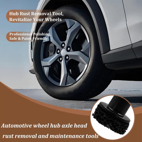 Heavy Duty Car Wheel Hub Cleaning Tool Kit With Eight Impact Resistant Heads And Universal Adapter For Hardcore Rust Scaling Brake Dust Polishing And Wheel Stud Resurfacing Rock Solid Build, close-up of polished wheel with cleaning attachment.