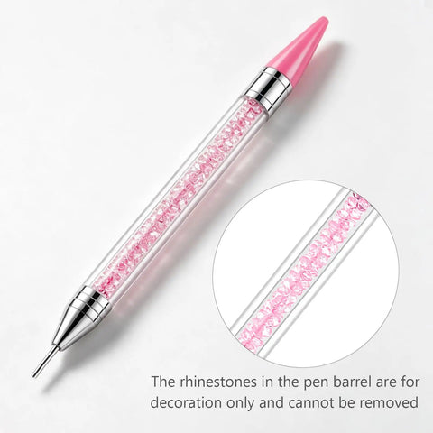 Wax Pencil For Rhinestones And Nail Art with dual head, pink rhinestones in barrel, close-up of decorative detail