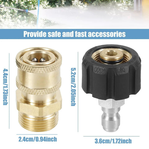 2-pack pressure washer hose adapters M22 to 1/4inch, brass and black plastic, quick-connect fittings