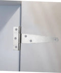 Heavy-duty cabinet door hinges on a white cabinet for durability.