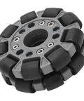 100mm plastic omni-wheel with rubber rollers and gray hub for 360° robot movement.