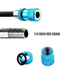 Three Pack Magnetic Drill Bit Holder Set For Impact Drivers One Quarter Inch Hex Shank Blue Extensions Close-Up